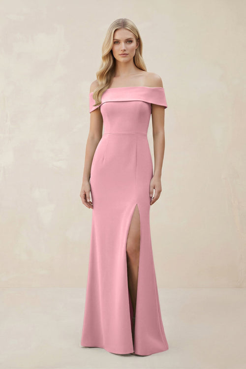 Off - the - Shoulder Satin Sheath Bridesmaid Dress With Slit in Rosette - SHE IS ME Bridesmaid Dresses