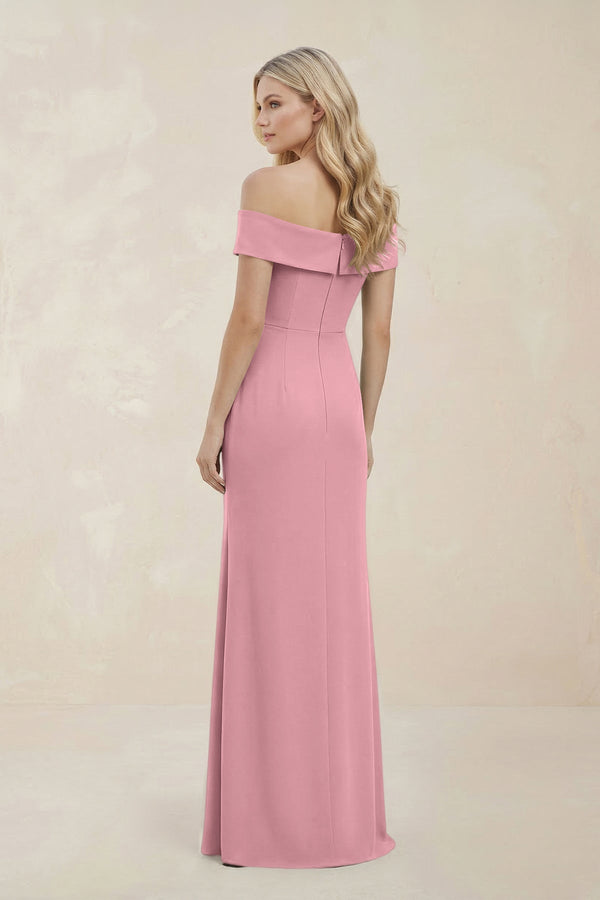 Off - the - Shoulder Satin Sheath Bridesmaid Dress With Slit in Rosette - SHE IS ME Bridesmaid Dresses
