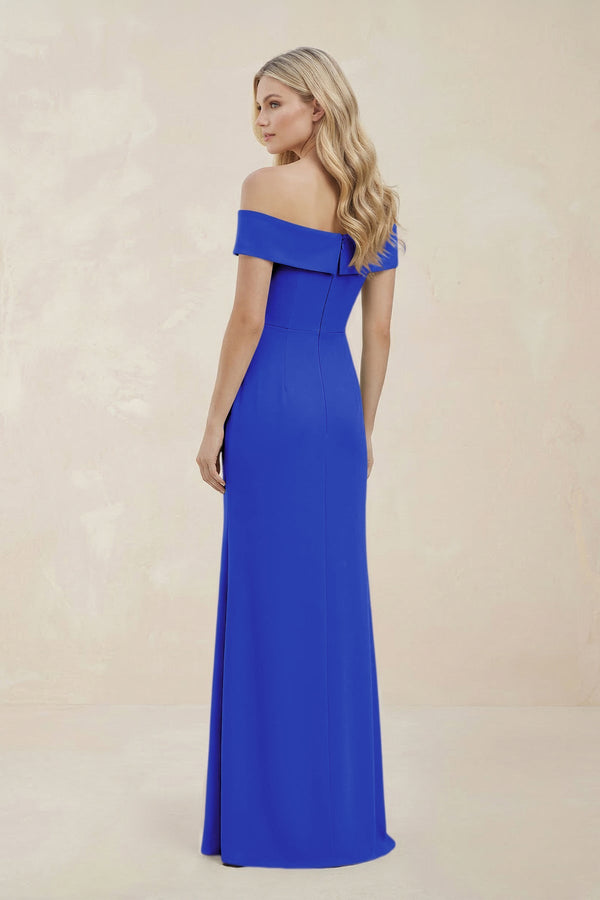 Off - the - Shoulder Satin Sheath Bridesmaid Dress With Slit in Royal Blue - KISS BRIDAL Bridesmaid Dresses