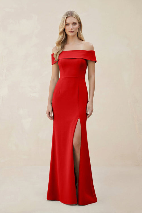 Off - the - Shoulder Satin Sheath Bridesmaid Dress With Slit in Ruby Red - KISS BRIDAL Bridesmaid Dresses