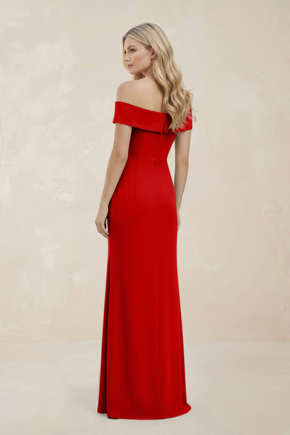 Off - the - Shoulder Satin Sheath Bridesmaid Dress With Slit in Ruby Red - SHE IS ME Bridesmaid Dresses