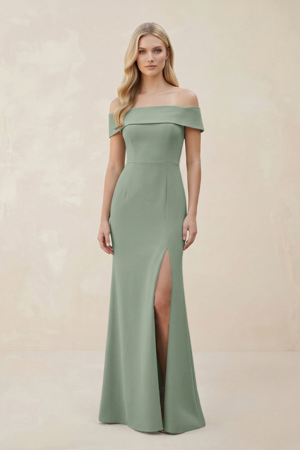 Off - the - Shoulder Satin Sheath Bridesmaid Dress With Slit in Sage - SHE IS ME Bridesmaid Dresses