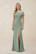Off - the - Shoulder Satin Sheath Bridesmaid Dress With Slit in Sage - KISS BRIDAL Bridesmaid Dresses