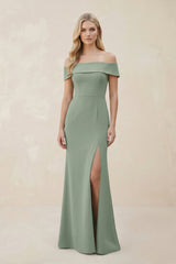 Off - the - Shoulder Satin Sheath Bridesmaid Dress With Slit in Sage - KISS BRIDAL Bridesmaid Dresses