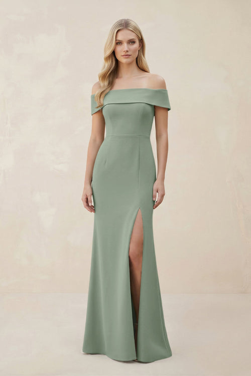 Off - the - Shoulder Satin Sheath Bridesmaid Dress With Slit in Sage - KISS BRIDAL Bridesmaid Dresses