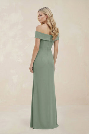 Off - the - Shoulder Satin Sheath Bridesmaid Dress With Slit in Sage - KISS BRIDAL Bridesmaid Dresses