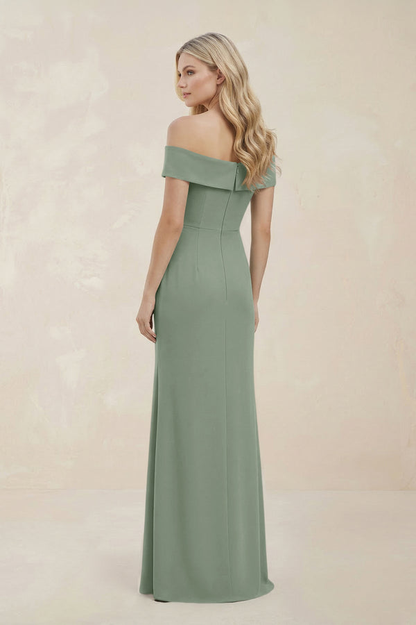 Off - the - Shoulder Satin Sheath Bridesmaid Dress With Slit in Sage - KISS BRIDAL Bridesmaid Dresses