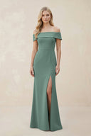Off - the - Shoulder Satin Sheath Bridesmaid Dress With Slit in Sea Glass - KISS BRIDAL Bridesmaid Dresses