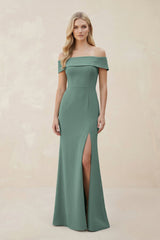 Off - the - Shoulder Satin Sheath Bridesmaid Dress With Slit in Sea Glass - KISS BRIDAL Bridesmaid Dresses