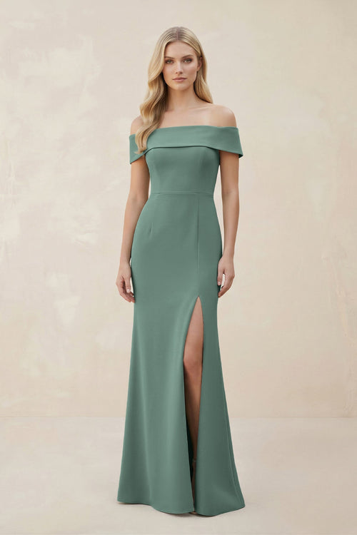 Off - the - Shoulder Satin Sheath Bridesmaid Dress With Slit in Sea Glass - KISS BRIDAL Bridesmaid Dresses