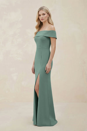 Off - the - Shoulder Satin Sheath Bridesmaid Dress With Slit in Sea Glass - KISS BRIDAL Bridesmaid Dresses