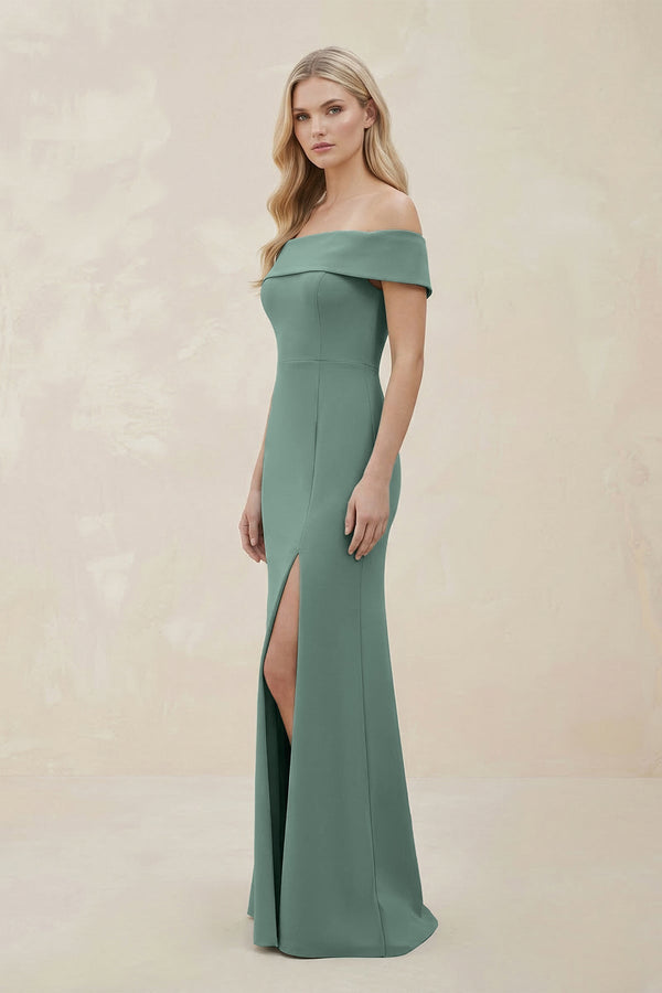 Off - the - Shoulder Satin Sheath Bridesmaid Dress With Slit in Sea Glass - KISS BRIDAL Bridesmaid Dresses