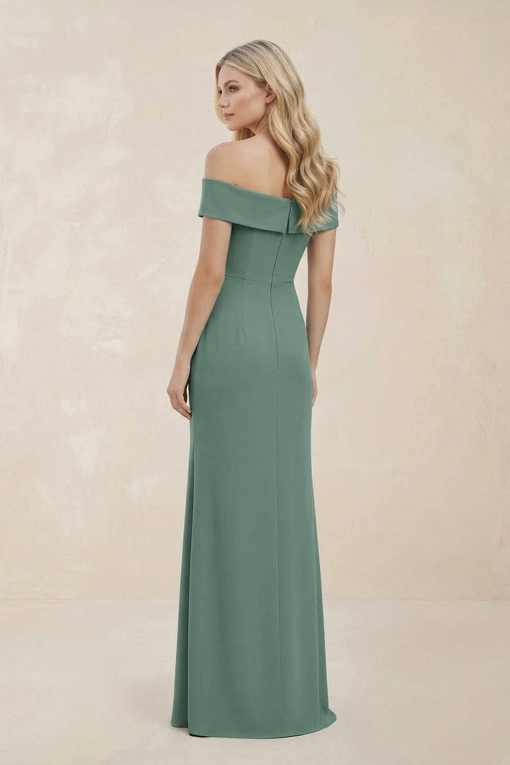 Off - the - Shoulder Satin Sheath Bridesmaid Dress With Slit in Sea Glass - KISS BRIDAL Bridesmaid Dresses