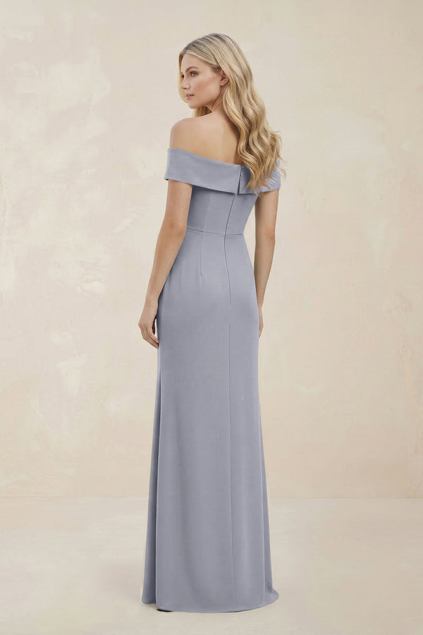 Off - the - Shoulder Satin Sheath Bridesmaid Dress With Slit in Silver - KISS BRIDAL Bridesmaid Dresses