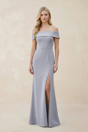 Off - the - Shoulder Satin Sheath Bridesmaid Dress With Slit in Silver - KISS BRIDAL Bridesmaid Dresses