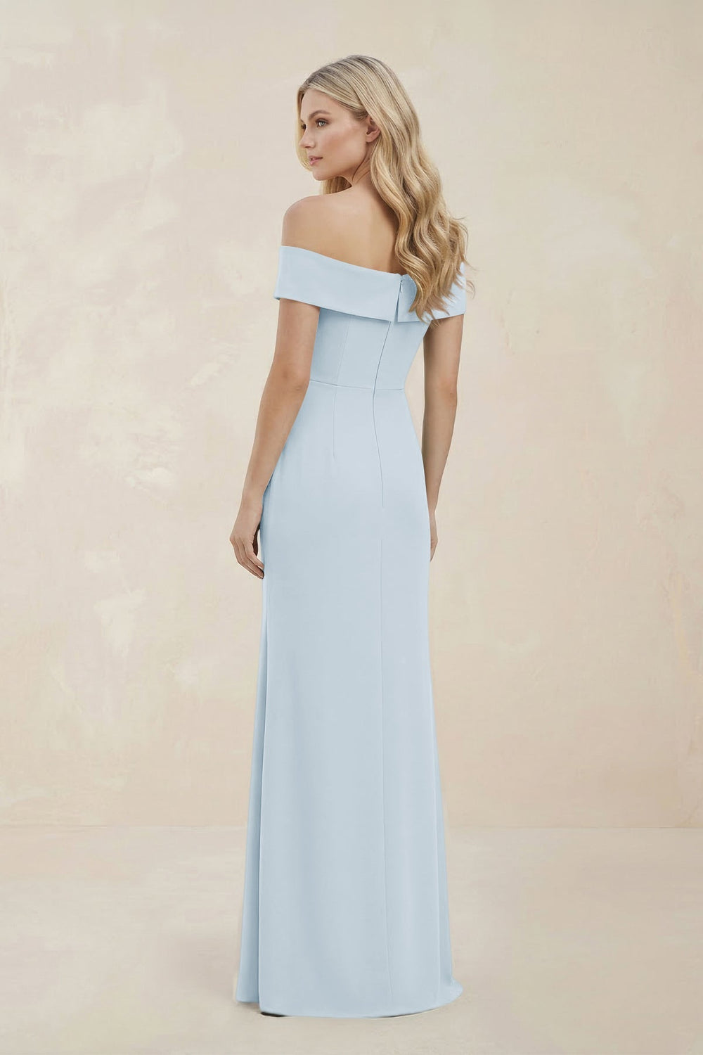 Off - the - Shoulder Satin Sheath Bridesmaid Dress With Slit in Sky Blue - KISS BRIDAL Bridesmaid Dresses