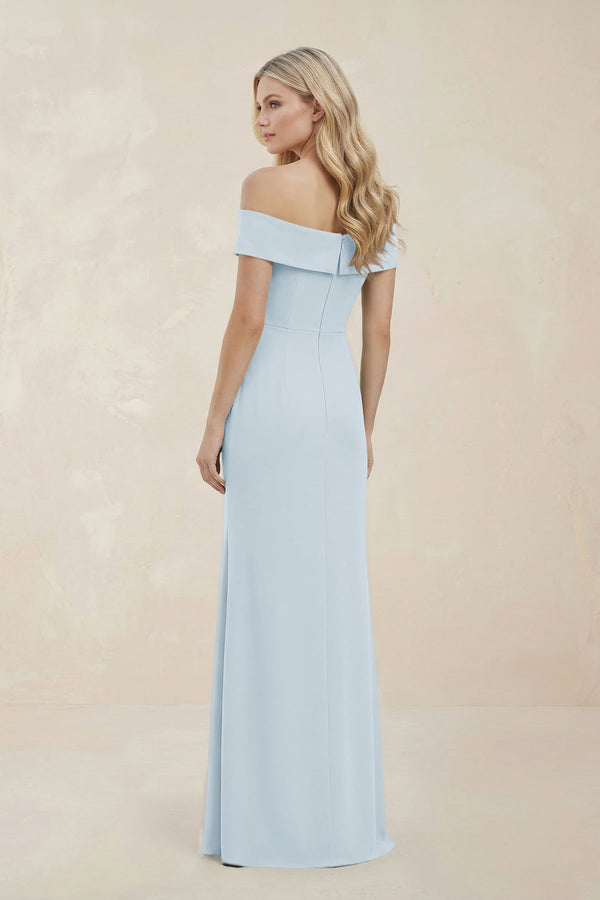Off - the - Shoulder Satin Sheath Bridesmaid Dress With Slit in Sky Blue - KISS BRIDAL Bridesmaid Dresses