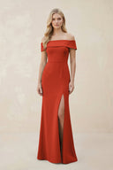 Off - the - Shoulder Satin Sheath Bridesmaid Dress With Slit in Spice - SHE IS ME Bridesmaid Dresses