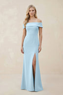 Off - the - Shoulder Satin Sheath Bridesmaid Dress With Slit in Steel Blue - KISS BRIDAL Bridesmaid Dresses