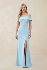 Off - the - Shoulder Satin Sheath Bridesmaid Dress With Slit in Steel Blue - KISS BRIDAL Bridesmaid Dresses