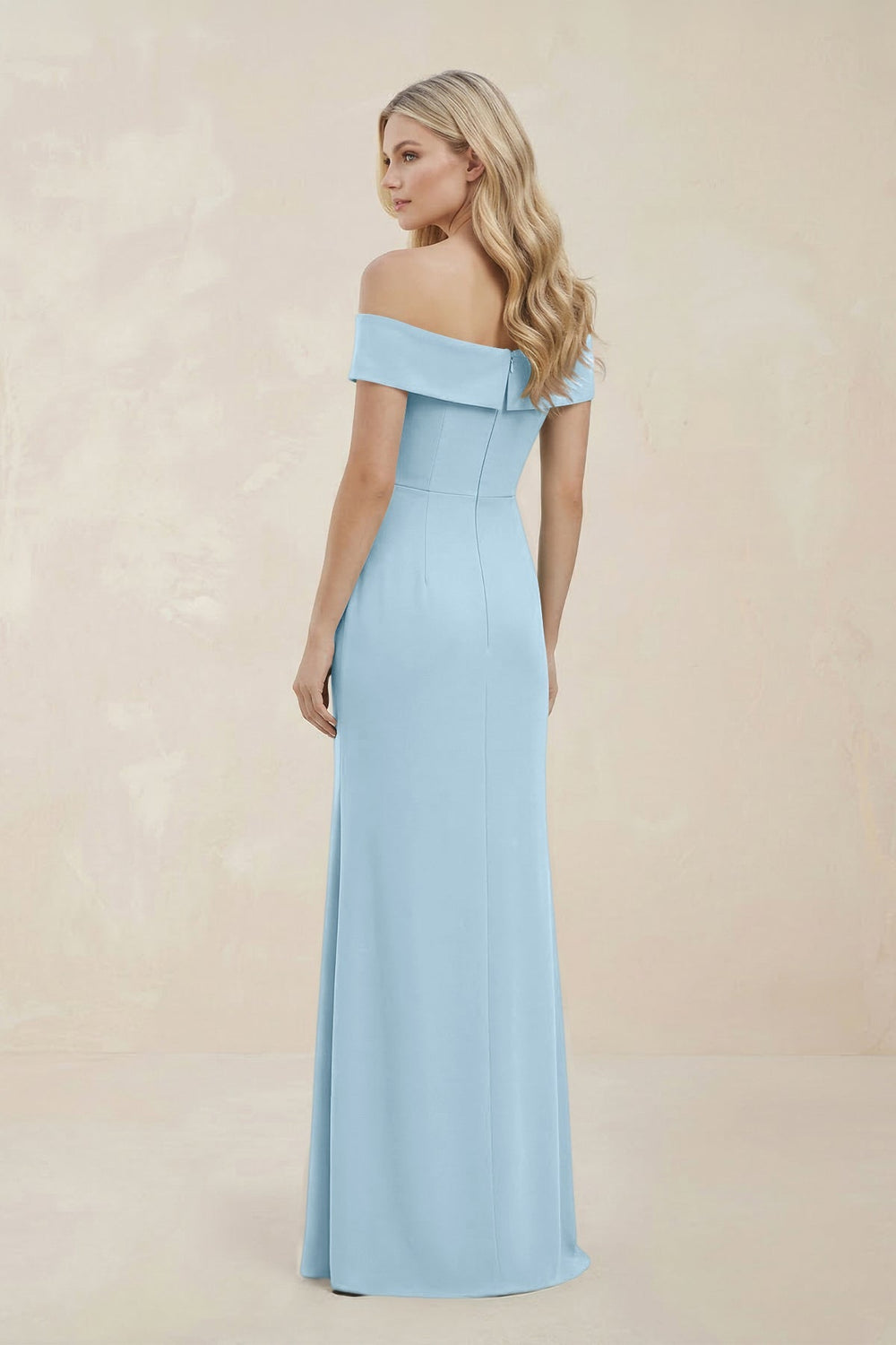 Off - the - Shoulder Satin Sheath Bridesmaid Dress With Slit in Steel Blue - SHE IS ME Bridesmaid Dresses