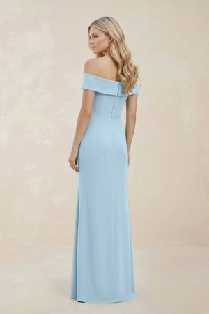 Off - the - Shoulder Satin Sheath Bridesmaid Dress With Slit in Steel Blue - KISS BRIDAL Bridesmaid Dresses
