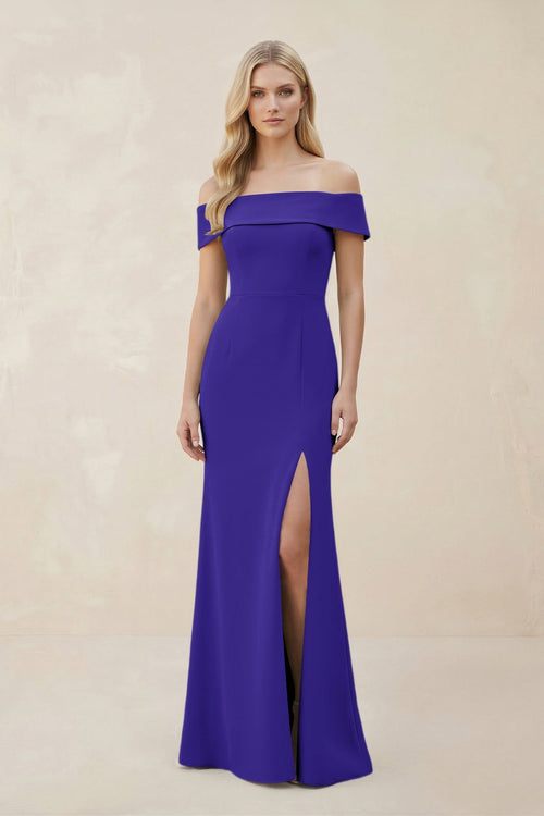 Off - the - Shoulder Satin Sheath Bridesmaid Dress With Slit in Tahiti - KISS BRIDAL Bridesmaid Dresses