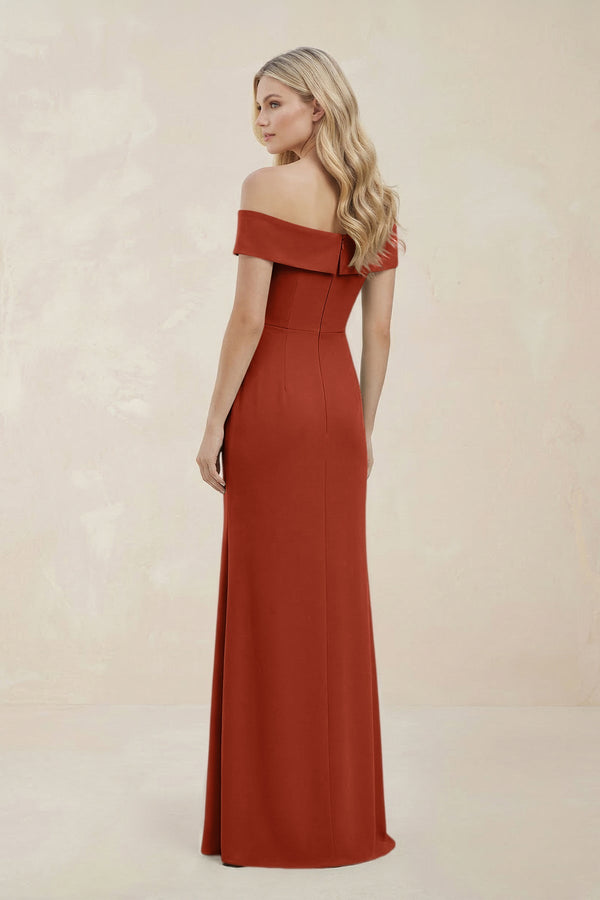 Off - the - Shoulder Satin Sheath Bridesmaid Dress With Slit in Terracotta - KISS BRIDAL Bridesmaid Dresses