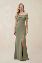 Off - the - Shoulder Satin Sheath Bridesmaid Dress With Slit in Thyme - KISS BRIDAL Bridesmaid Dresses