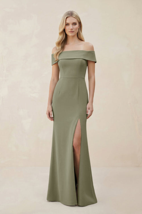 Off - the - Shoulder Satin Sheath Bridesmaid Dress With Slit in Thyme - KISS BRIDAL Bridesmaid Dresses