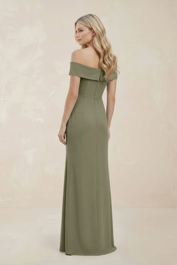 Off - the - Shoulder Satin Sheath Bridesmaid Dress With Slit in Thyme - KISS BRIDAL Bridesmaid Dresses