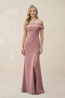 Off - the - Shoulder Satin Sheath Bridesmaid Dress With Slit in Toffee - KISS BRIDAL Bridesmaid Dresses