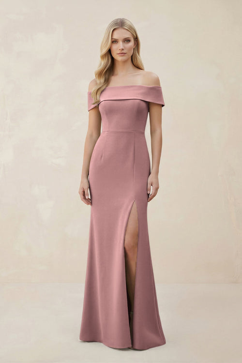 Off - the - Shoulder Satin Sheath Bridesmaid Dress With Slit in Toffee - KISS BRIDAL Bridesmaid Dresses