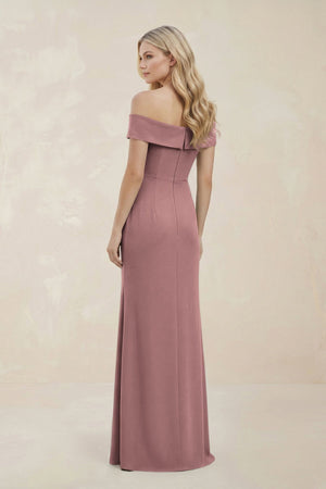 Off - the - Shoulder Satin Sheath Bridesmaid Dress With Slit in Toffee - KISS BRIDAL Bridesmaid Dresses