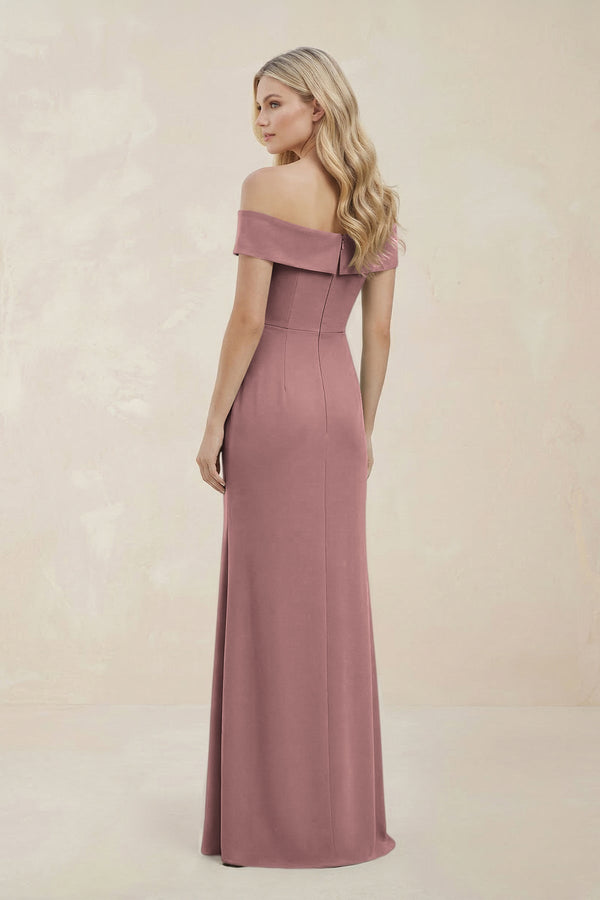 Off - the - Shoulder Satin Sheath Bridesmaid Dress With Slit in Toffee - KISS BRIDAL Bridesmaid Dresses