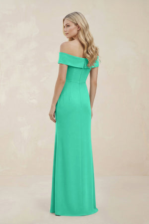 Off - the - Shoulder Satin Sheath Bridesmaid Dress With Slit in Turquoise - KISS BRIDAL Bridesmaid Dresses