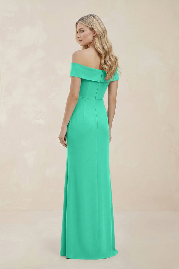Off - the - Shoulder Satin Sheath Bridesmaid Dress With Slit in Turquoise - KISS BRIDAL Bridesmaid Dresses