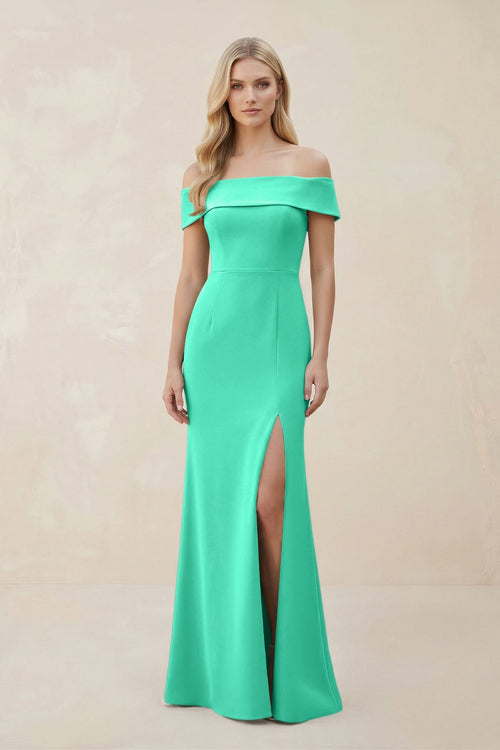 Off - the - Shoulder Satin Sheath Bridesmaid Dress With Slit in Turquoise - KISS BRIDAL Bridesmaid Dresses