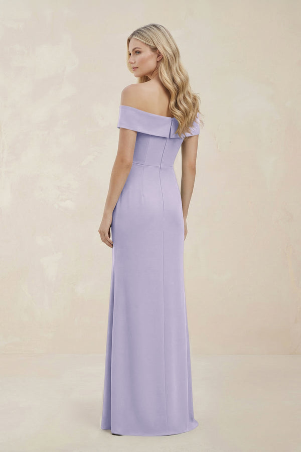 Off - the - Shoulder Satin Sheath Bridesmaid Dress With Slit in Vintage Mauve - KISS BRIDAL Bridesmaid Dresses