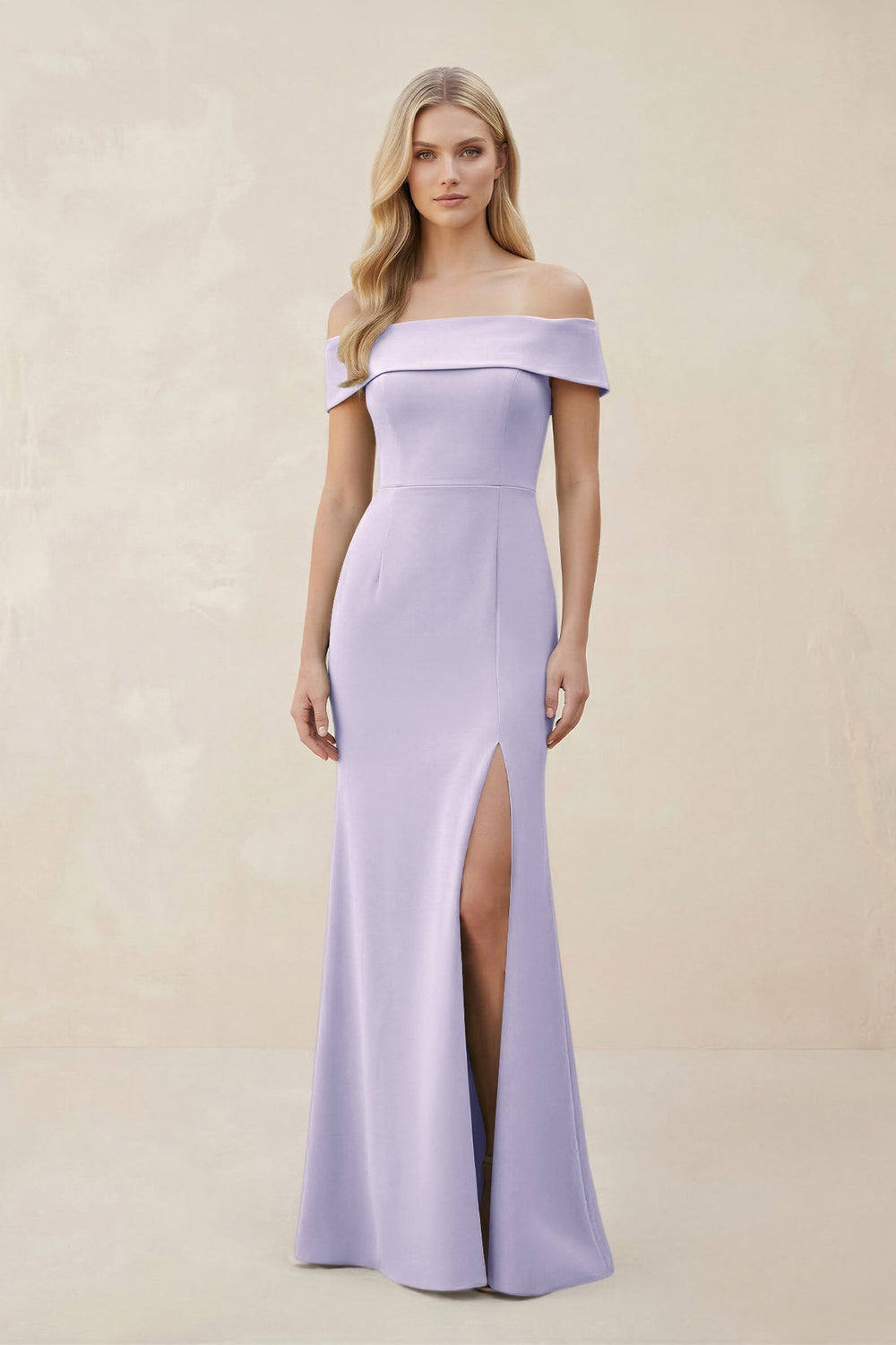 Off - the - Shoulder Satin Sheath Bridesmaid Dress With Slit in Vintage Mauve - SHE IS ME Bridesmaid Dresses