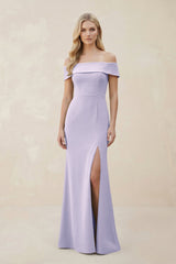 Off - the - Shoulder Satin Sheath Bridesmaid Dress With Slit in Vintage Mauve - KISS BRIDAL Bridesmaid Dresses