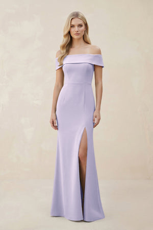 Off - the - Shoulder Satin Sheath Bridesmaid Dress With Slit in Vintage Mauve - KISS BRIDAL Bridesmaid Dresses