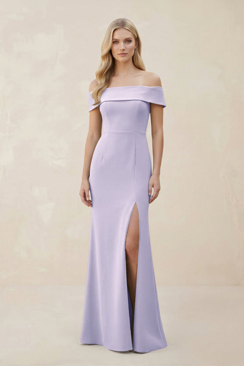 Off - the - Shoulder Satin Sheath Bridesmaid Dress With Slit in Vintage Mauve - KISS BRIDAL Bridesmaid Dresses