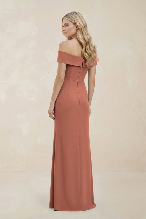 Off - the - Shoulder Satin Sheath Bridesmaid Dress With Slit in Wild Rose - KISS BRIDAL Bridesmaid Dresses