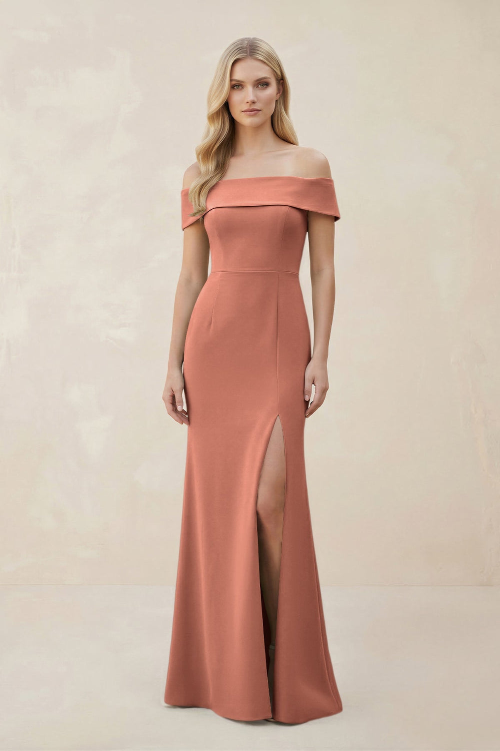 Off - the - Shoulder Satin Sheath Bridesmaid Dress With Slit in Wild Rose - SHE IS ME Bridesmaid Dresses
