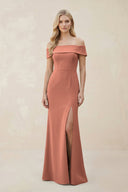 Off - the - Shoulder Satin Sheath Bridesmaid Dress With Slit in Wild Rose - KISS BRIDAL Bridesmaid Dresses