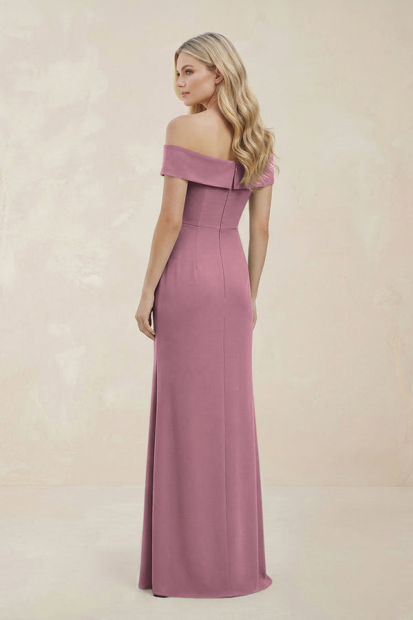 Off - the - Shoulder Satin Sheath Bridesmaid Dress With Slit in Wisteria - KISS BRIDAL Bridesmaid Dresses