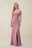Off - the - Shoulder Satin Sheath Bridesmaid Dress With Slit in Wisteria - KISS BRIDAL Bridesmaid Dresses
