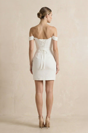 Off The Shoulder Satin Sheath Wedding Dress in Diamond White - KISS BRIDAL Wedding Dresses