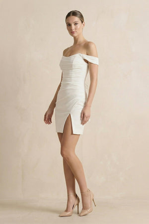 Off The Shoulder Satin Sheath Wedding Dress in Diamond White - KISS BRIDAL Wedding Dresses